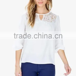 Crew Neck Long Sleeves Fashion Lace Blouse With Keyhole Front thumbnail-3