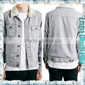 Mens White Grey Denim Jacket in Medium Worn Wash With Fur Collar thumbnail-5
