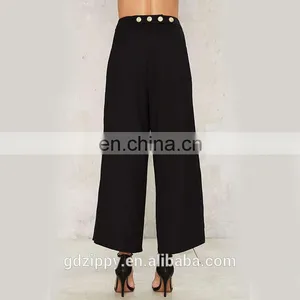 Wide Leg Palazzo Women's Pants With Gold Button Closure thumbnail-3