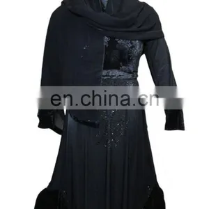 Designer Velvet Burkha With Black Diamond Stone Work / Floral Printed Casual Wear Latest Fancy Burqa (dubai Abaya 2017) thumbnail-4