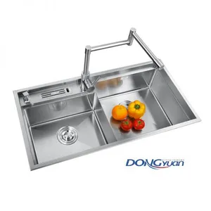 Guangdong Dongyuan Kitchenware 860×450×220mm Brushed Stainless Steel Double Bowl Handmade Kitchen Sink (DY-HA465R-864522-R10) thumbnail-1