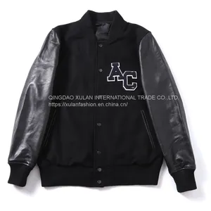 HOT SALE 2021 NEW FASHION MEN'S WOOL/POLYESTER MELTON BASEBALL GENUINE LEATHER JACKET thumbnail-1