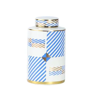 European Simple Style Blue and White Bended Line Sheet Pattern Ceramic Flower Vases With Lid For Home Decoration thumbnail-1