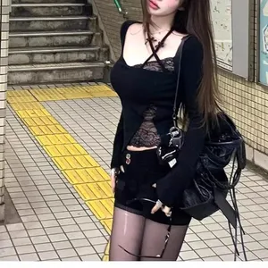 Ins Pure Desire Style Lace Stitching Bow T-shirt Women's Spring and Summer New Irregular Design Long-sleeved Hot Girl Top thumbnail-1