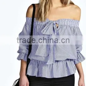 2015 China Manufacturer Customized Ladies the Latest Design Shoulder Striped Blouse thumbnail-1