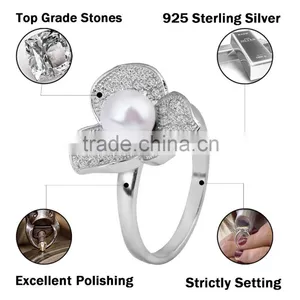 2015 Fashion 925 Sterling Silver Ring Clover Micro Zircon Pave Setting Pearl Ring thumbnail-2