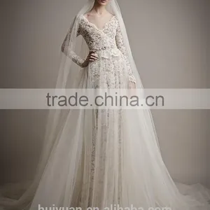 Flowing Tulle Full Lace Long Sleevecolorful Muslim Wedding Dress thumbnail-2