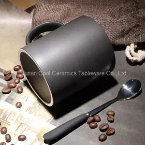 Glazed Black Coffee Ceramic Mugs,dull Polish With Spoon, Matter Milk Cup thumbnail-2