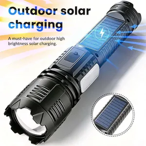 Wholesale Solar Powered Rechargeable LED Flashlight 800M Long Range 3600mAh Power Bank Telescopic Zoom Torch With Side Warning Light thumbnail-5