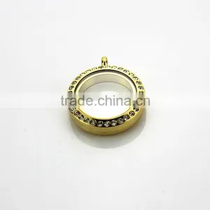 Fashion 25mm Round Gold 316L Stainless Steel Screw Glass Floating Charms Locket With Rhinestone thumbnail-2