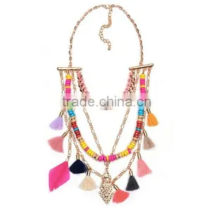 Fashion National Style Mutil Chain Tassels Colorful Beads Chunky Choker Necklace Jewelry thumbnail-1
