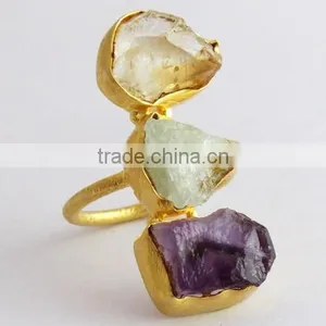 Rough Stone Amethyst & Aquamarine & Ctrine !! 925 Sterling Ring, Silver Jewellery India, 925 Sterling Silver Jewellery thumbnail-1