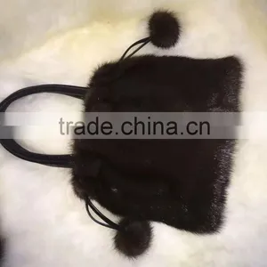 Korea Style Mink Fur Handbag With Mink Fur Pompoms for Ladies thumbnail-2