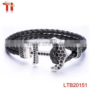 Genuine Cow Leather Silver Color Bracelet Men, Zircon Diamond Jewelry Bracelet for Men, Fashion Steel Bracelet Anchor Customized thumbnail-1