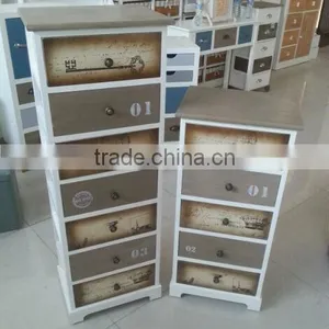 European Style Printing Design Colorful Antique Bedside Table Wood Storage Cabinet thumbnail-1
