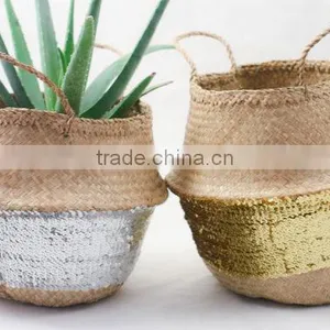 Silver Sequin Belly Basket, Seagrass Dipped Bottom Basket, Folding Basket thumbnail-4