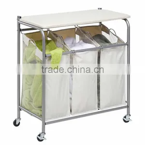 Hotel and Home Usage Triple Laundry Sorter With Ironing Board/3 Lift-off Fableable Landry Sorter thumbnail-1