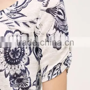 OEM Lady New Pattern Floral Print Linen t Shirt Customized thumbnail-4