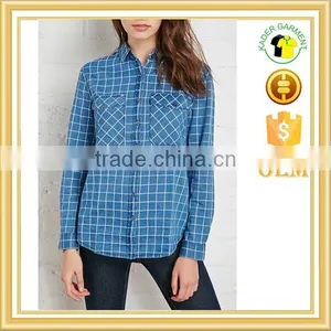 2015 Custom Women's Blue Plaid Long Sleeve 100% Cotton Flannel Shirt thumbnail-1