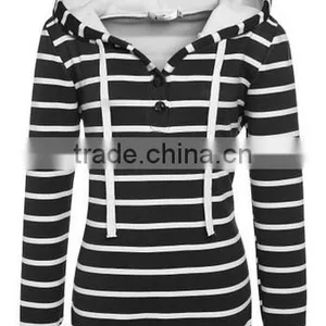 Ladies Women Casual Hooded Long Sleeve Striped Pullover Hoodies With Fleece thumbnail-1