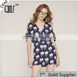 Classy Cold Shoulder Floral Printecd Short Rompers With Adjustable Sleeves thumbnail-1