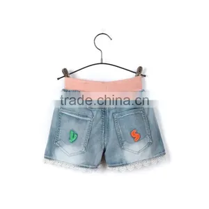 Fashionable Design Newest Style Colorful Stutched Letters Lace Hem 100 Cotton Blue Cheap Jeans for Kids thumbnail-2