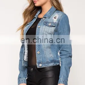Wholesale Ripped Denim Jackets Light Wash Blue Distressed Denim Jacket thumbnail-6