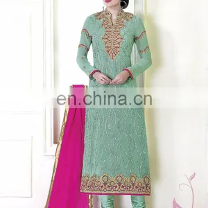 Sea Green Colored Faux Georgette Indian Traditional Wear Suit. thumbnail-1