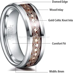 2020 New Arrival T243R NUNCAD Men's 8mm Tungsten Carbide Ring Gold Celtic Knot and Wood Inlay Wedding Band Size 7-12 thumbnail-2
