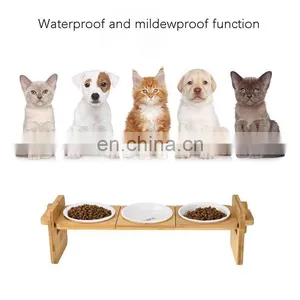 2022 Yellow Promotional Oem Cute Three Bowl for Dog Pet Milk Water Drinking Feeder Cat Paw Print Wood Stand Holder Bracket thumbnail-3
