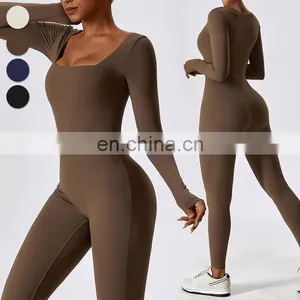 Custom Fitness Rompers Sexy Workout Wear Bodysuit One Piece Jumpsuits Long Sleeve Square Neck Women Gym Yoga Jumpsuit thumbnail-5