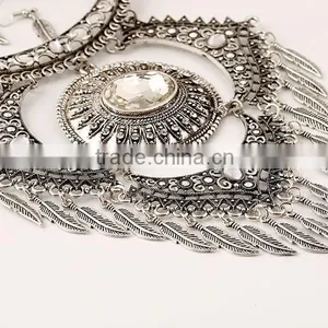 Turkish Jewelry Set Ethnic Antique Silver Choker Necklace With Tassel Leaf Pendant thumbnail-5