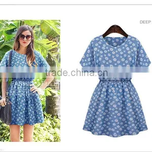 2014 Ladies Casual Women Top Designer Denim Summer Women Wear Short Sleeve Dress High Qality Printing Women Dress Fashion 2014 thumbnail-1