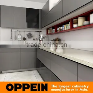 Red & Grey Tempered Glass Lacquer MDF Wooden Kitchen Cabinet With Island Design thumbnail-5