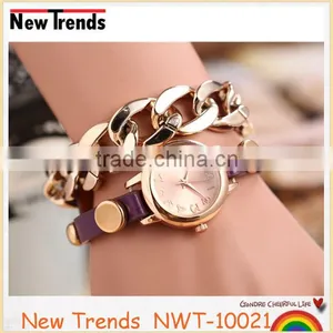 Gold Chain Wrap Bracelet Leather Watch Women Fancy Jewelry thumbnail-2