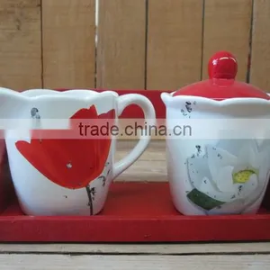 Household Ceramic Milk Jug and Sugar Jar Set With Wooden Stand thumbnail-1