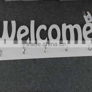 "Welcome" Design White Wood Wall Mounted 5 Hook Storage Shelf Rack thumbnail-1