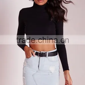 2016 Custom Ladies High Neck Long Sleeve Black Ribbed Crop Top thumbnail-1