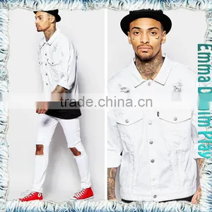 Street Design Soild White Denim Ripped Jackets for Mens thumbnail-4