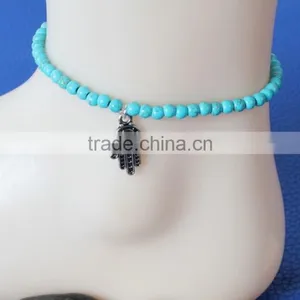 Turquoise Beads Chain With Hand Anklet Ankle Bracelet Foot Jewelry For Women thumbnail-1