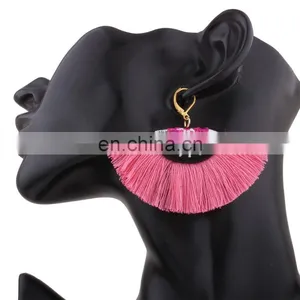 Small Hot Pink Half Moon Tribal Embroidery Earrings thumbnail-2