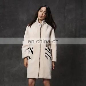 Hot Sales Merino Lamb Fur Long Coat With Zebra Pattern Pocket for Women thumbnail-5