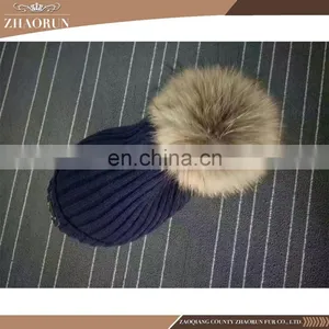 Custom Women Winter Fur Hat Raccoon Fur Pompom Knitted Beanie Hat thumbnail-6