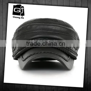 Blank Plain Black European Simple Style Flat-Top Outdoor PU Leather Military Style Caps Quality Choice thumbnail-1