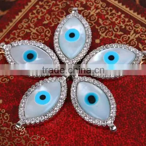 JF8608 Silver Gold Rose Gold Plated CZ Micro Pave MOP Marquise Charm Connectors,Diamond Pave MOP Shell Evil Eye Charms thumbnail-3
