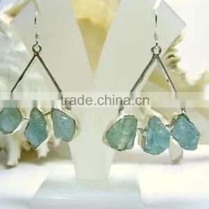 Aquamarine Multi Stone Rough Gemstone Earrings, 925 Solid Sterling Silver Earrings, Dangle Designer Earrings thumbnail-1