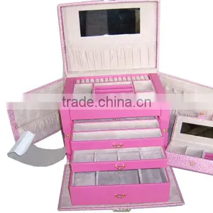 Pink Faux Leather Jewelry Storage Box With Many Compartments And Ring Holder thumbnail-1