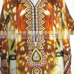 DIGITAL Print Viscose Crepe Silk Crystal Embellished Kaftan CAFTAN Tunic Poncho Blouse thumbnail-3