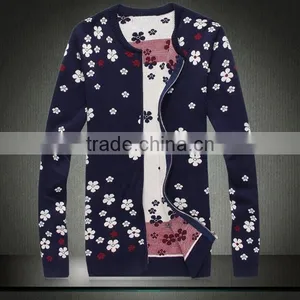 Jacquard Knitted Allover Flower Pcrew Neck Men Cardigan Sweater thumbnail-1
