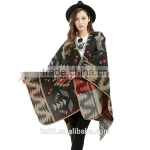 Poncho Women Cashmere Shrug Warm Flower Pattern Slit Wool Blend Plaids Blanket Cloak Poncho Cape Coat Printed Cardigan Shawl thumbnail-5
